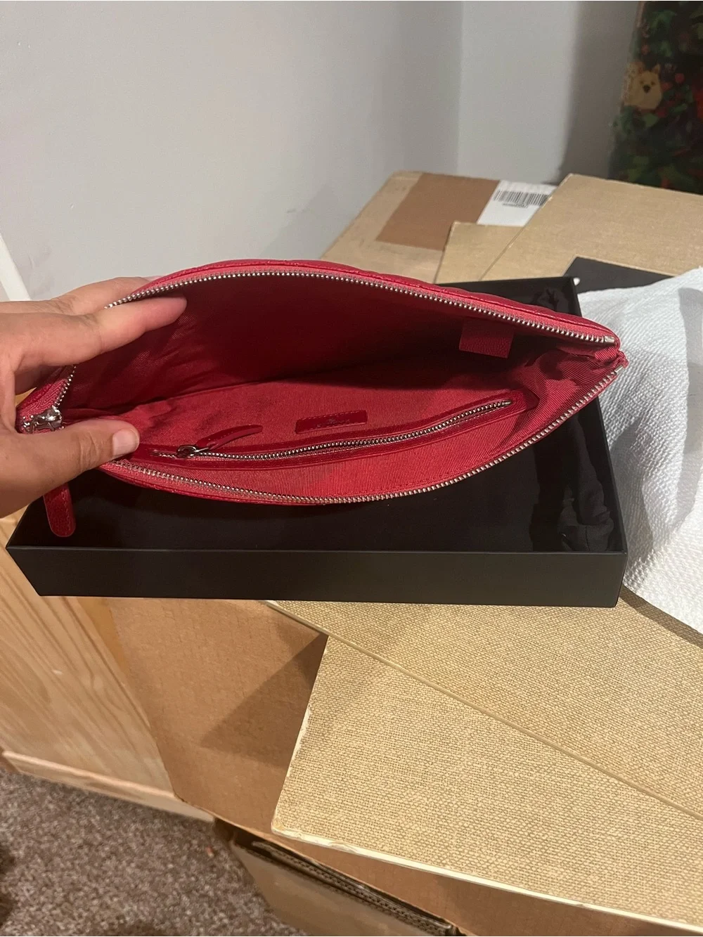CHANEL Red Quilted Leather Zip Pouch with Silver CC